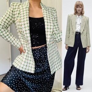 Zara Woman Textured Double-breasted Blazer Christmas‎ Jacket Ecru Green Size M